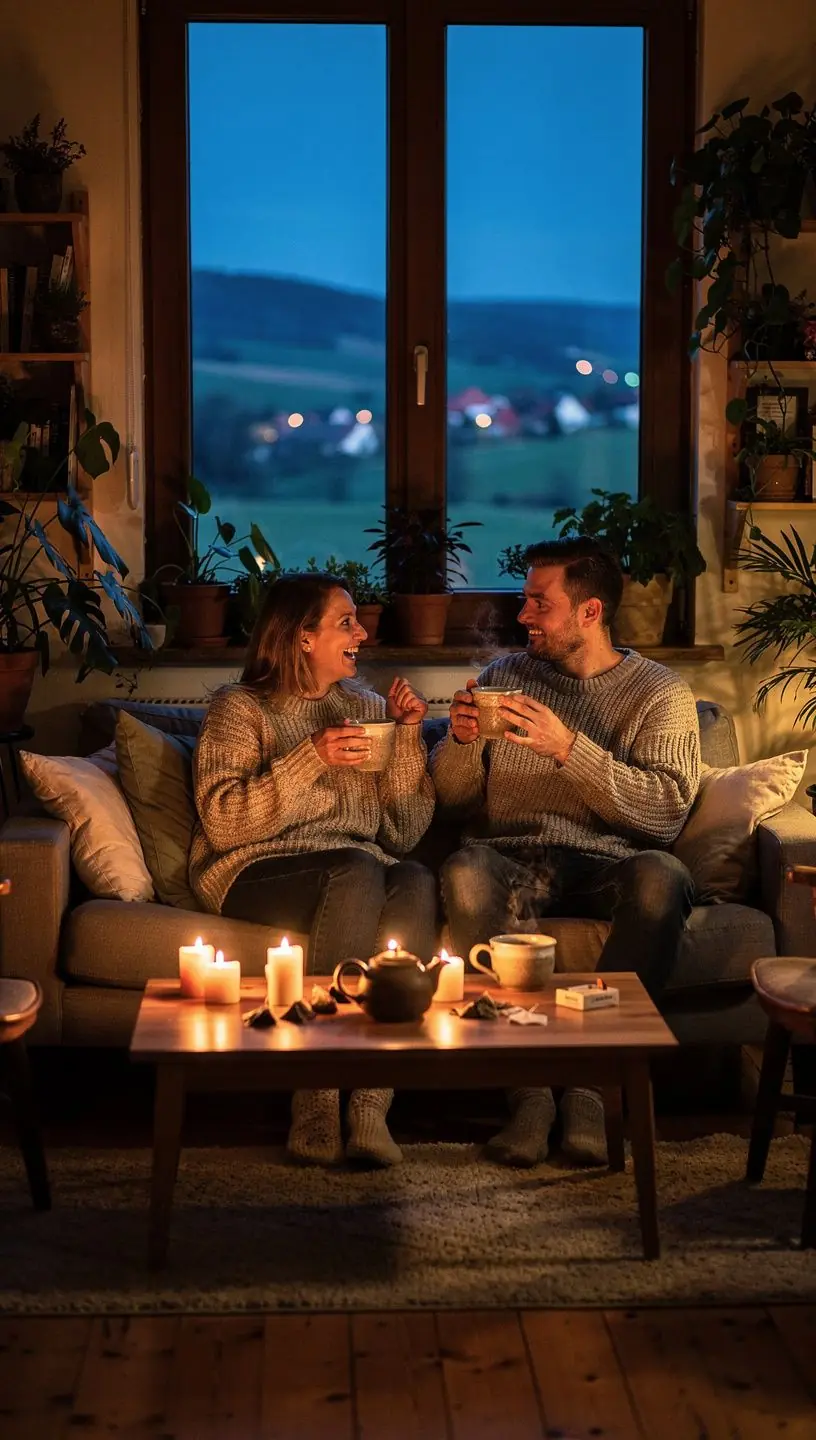 Relaxujúca scéna s pohárom bylinkového čaju a knihou na pohodlnom kresle