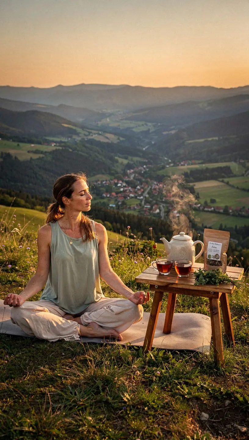 Relaxujúci moment ženy, ktorá si vychutnáva čaj v záhrade.