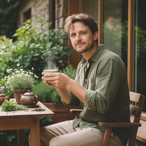 Zelený čaj s bylinkami v šálke na drevenom stole, obklopený prírodnými dekoráciami.