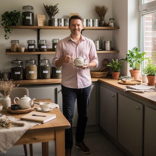 Relaxujúci moment ženy, ktorá si vychutnáva šálku bylinkového čaju na terase s výhľadom na hory.