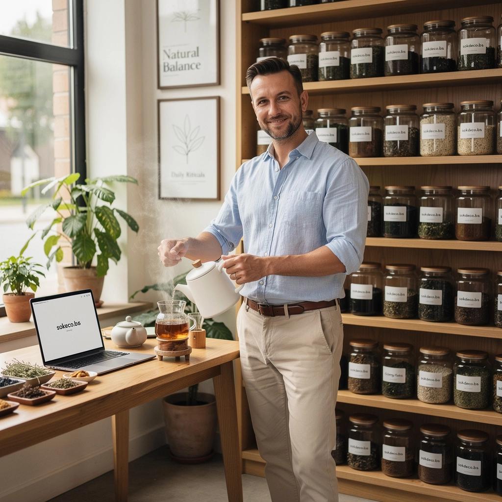 Záber na čajovú súpravu s voňavými bylinkami a sušeným ovocím, pripravenú na servírovanie.